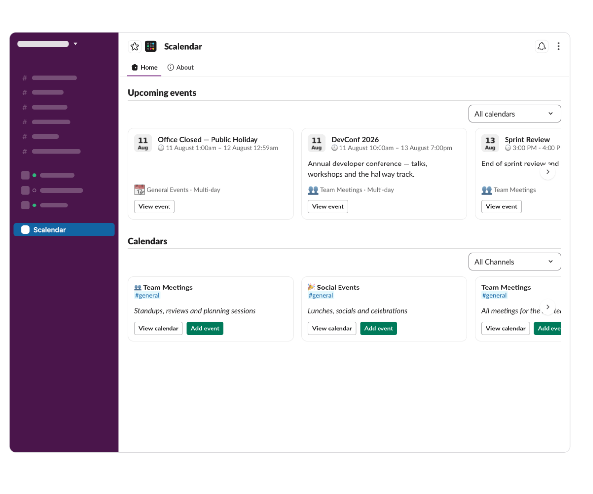 The Scalendar App Home tab in Slack with the cross-channel agenda