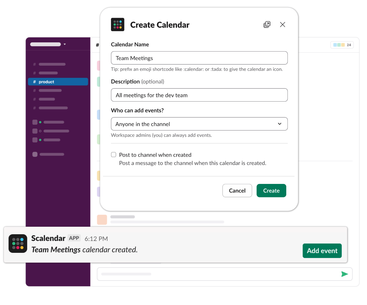 Creating a calendar in Slack with /calendar create — name, description, and who can add events