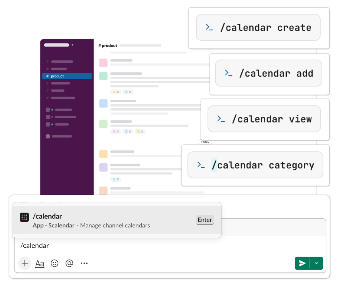 Typing /calendar in the Slack message box with the command list showing