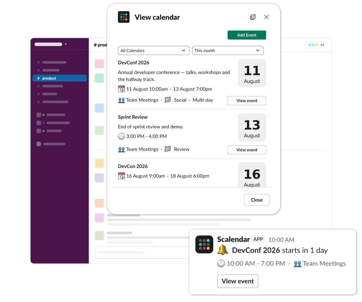 A Scalendar event card posted in a Slack channel, with category and date range