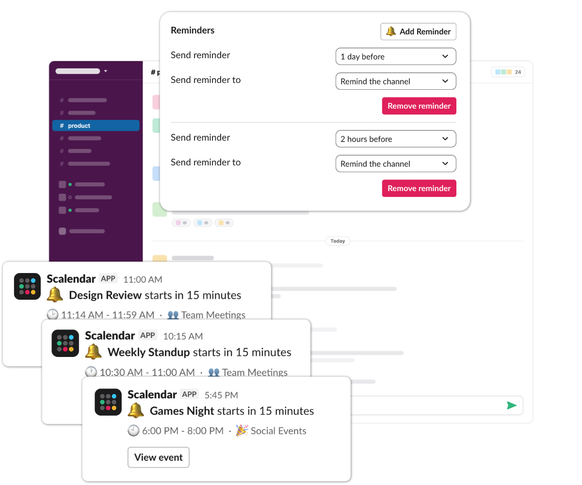 Scalendar reminder messages posting to a Slack channel before an event starts