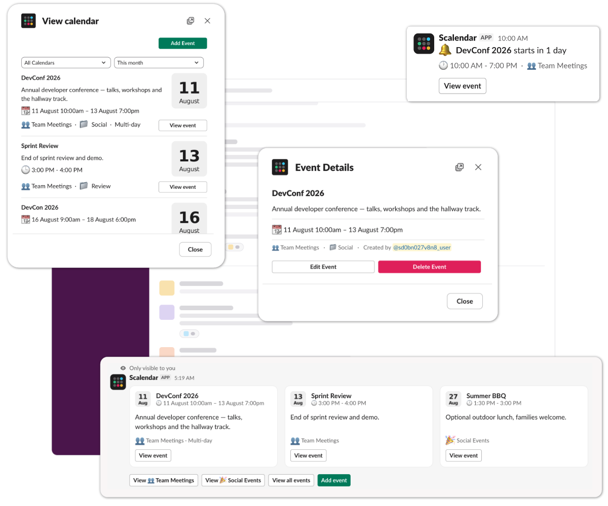 Scalendar inside a Slack channel — an event card and the week's upcoming events posted where the team works