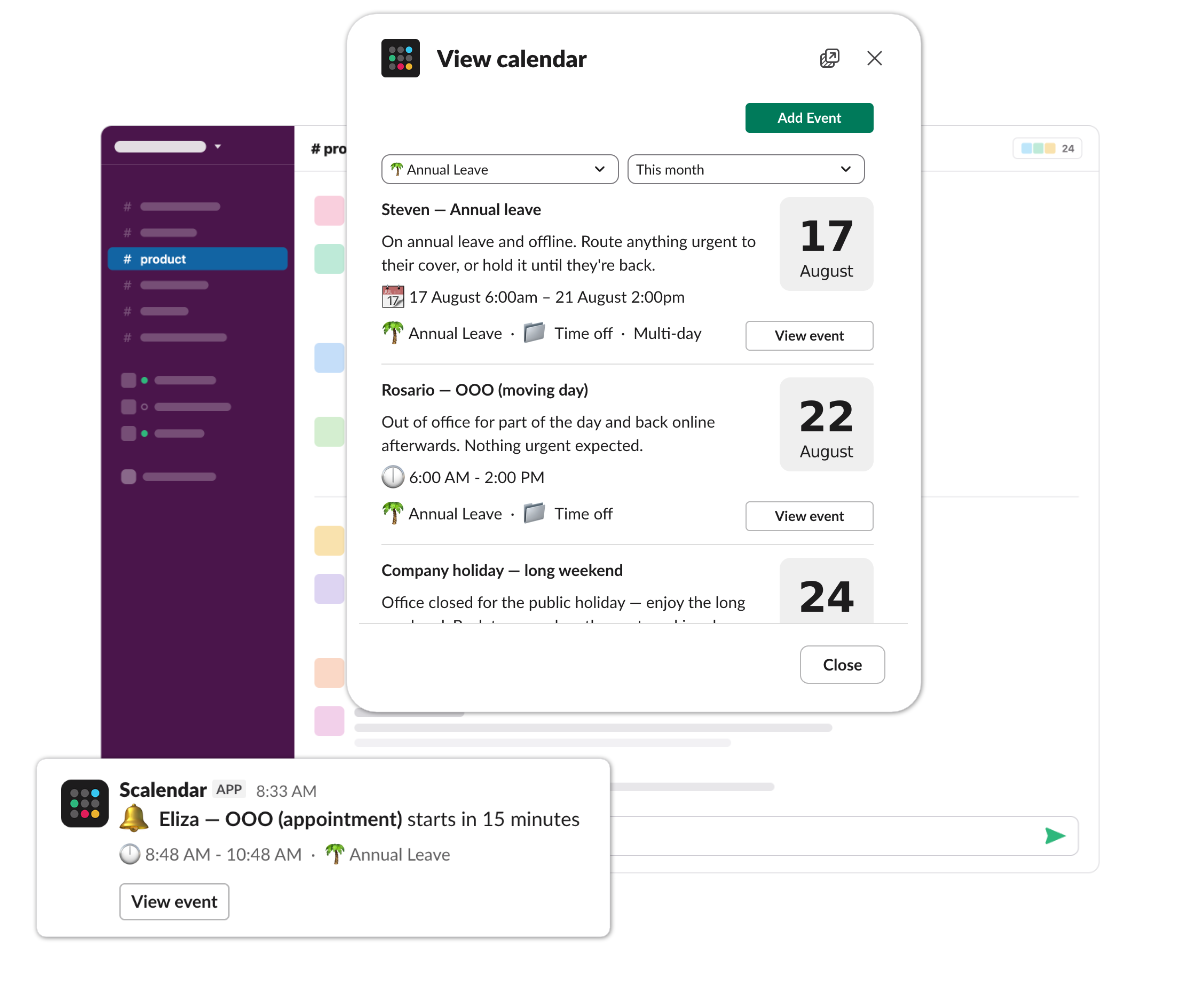 The #team-ooo calendar in Slack with multi-day leave events across the week