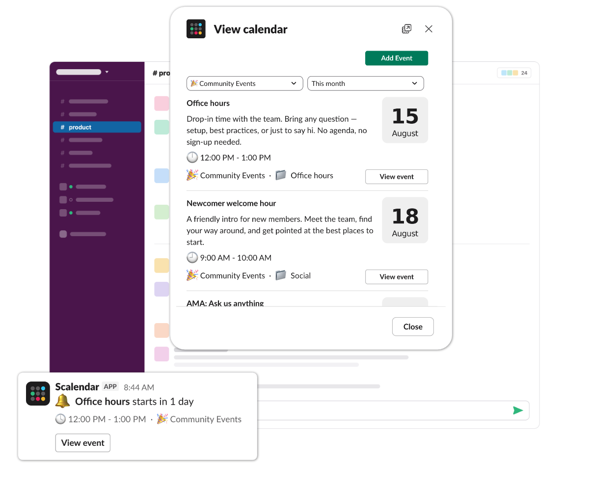 A community events calendar in Slack — AMA, workshop, and office hours