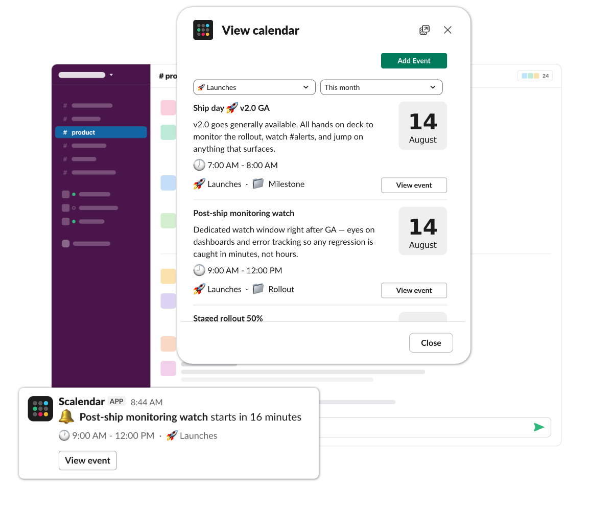The #product launch calendar in Slack — code freeze, demo run-through, ship date, and retro