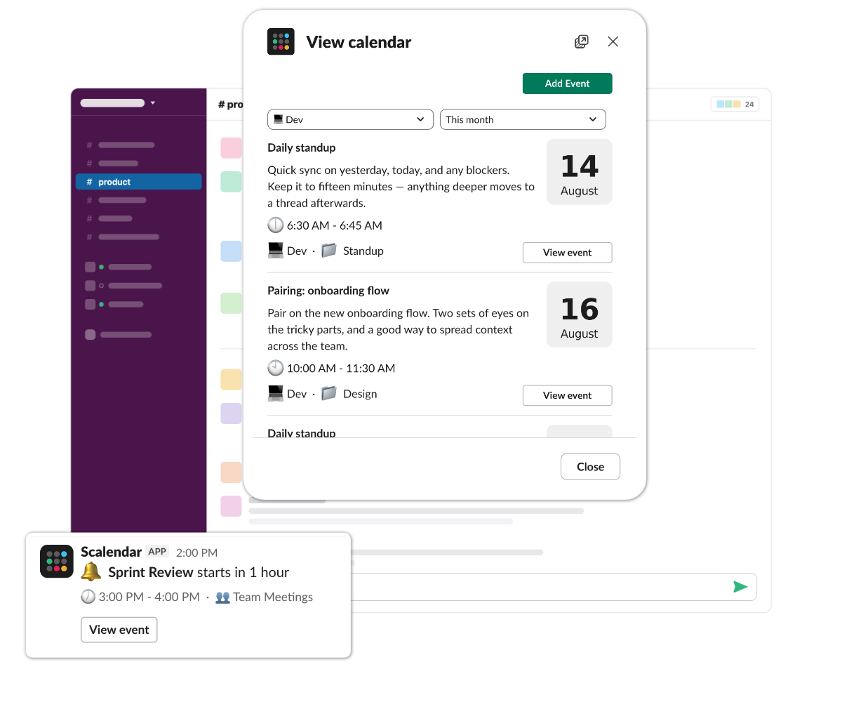 A Slack standup calendar — recurring team rituals with channel reminders